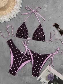 Swim Mod Women's Summer Beach 2 Pieces Polka Dot Random Print Tie Strap Triangle Cup Matching Reversible Triangle Bottoms Sexy Bikini Set - Multicolor - View 1