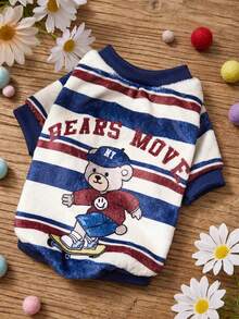 PETSIN 1 Printed Skateboard Bear Letter Flannel Sweatshirt, Thick And Warm For Pets In Autumn And Winter, Blue, White, And Red