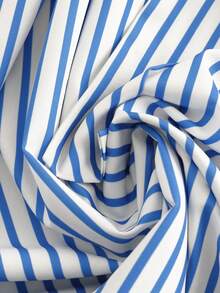 GlowEve CURVE 大码女式夏季短袖条纹印花衬衫，前襟纽扣，腰部系带 - 藍色 - 查看 6