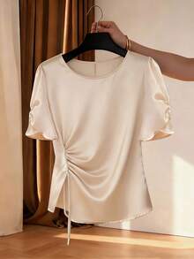 Franclia Champagne Satin Drawstring Top/French Elegant/Fitted Tie-Front Blouse - Apricot - View 1