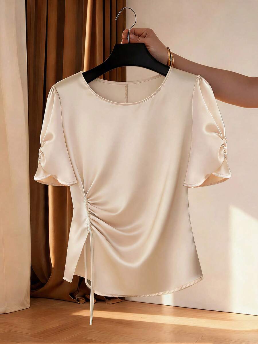 Franclia Champagne Satin Drawstring Top/French Elegant/Fitted Tie-Front Blouse - Apricot - View 1