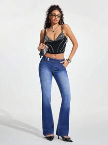 Jeanoix 女士纽扣腰袋设计休闲百搭喇叭裤 - 藍色 - 查看 7