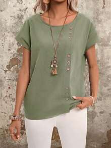 EMERY ROSE 纽扣细节圆领蝙蝠袖休闲衬衫 女士夏季纯棉衬衫 - 綠色 - 查看 3