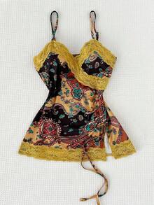 Sweetra Fashionable Bohemian Vacation Style Sunny Yellow Printed Summer New Arrival Camisole With Matching Lace Trim, Romantic Vibe - Multicolor - View 1