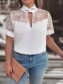 EMERY ROSE Auvina Plus Size Women's Solid Color Elegant Twist Collar Lace Patchwork Plus Size Blouse - White - View 3