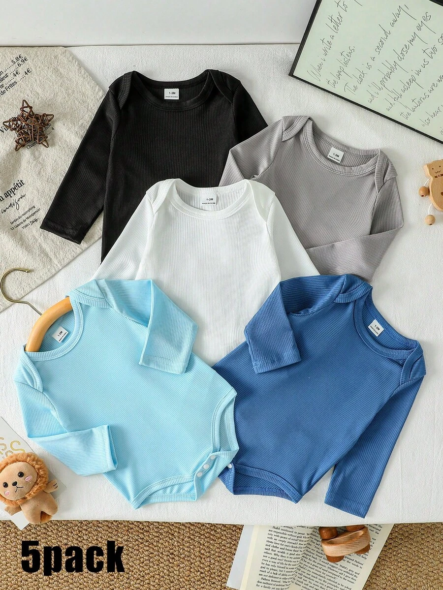 SHEIN Playful Pals Bộ 5 áo liền thân dài tay nhiều màu sắc cho bé trai/bé gái, thích hợp mặc hàng ngày, đi chơi, ở nhà, đi nghỉ mát, tụ họp, phù hợp cho mùa xuân, hè, thu, áo thun dài tay nhẹ nhàng unisex cho bé trai, áo thun dài tay màu trung tính cho bé, quần áo unisex cho mẹ và bé trai, quần áo trẻ sơ sinh. - Nhiều màu - Xem 1