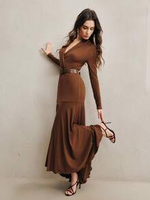 Anewsta Elegant Brown Knitted Long Dress With V Neck And Asymmetrical Hem - Brown - View 7