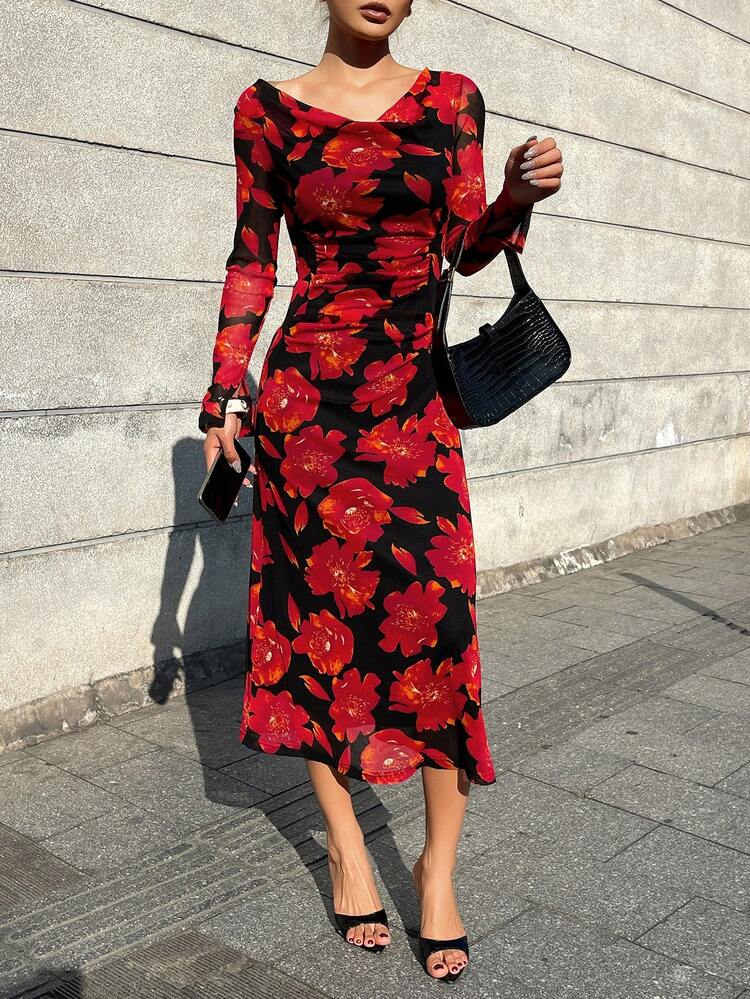 Women's Floral Print Elegant Vintage Midi Dress, Suitable For Dates And Parties Sundress