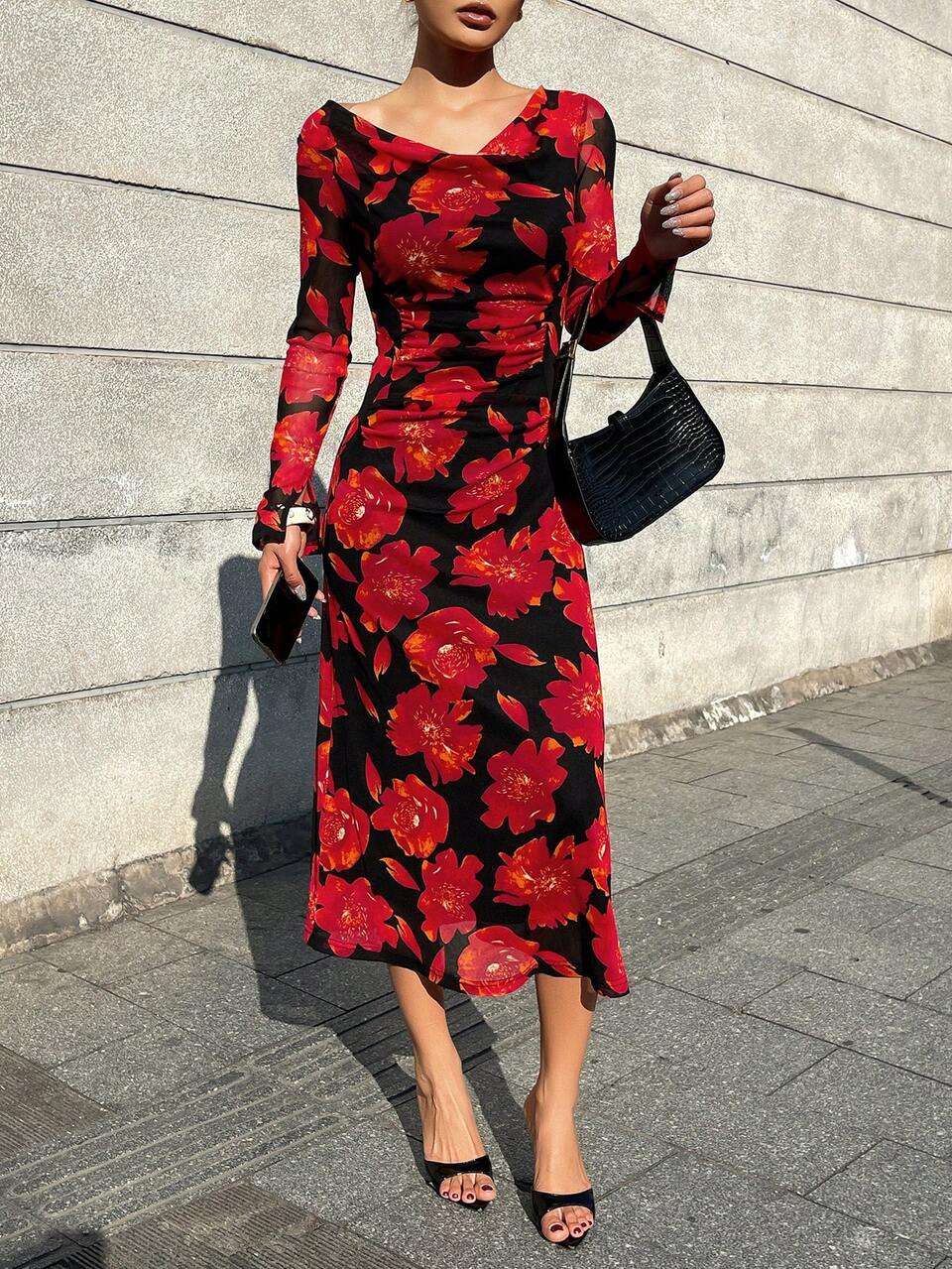 Women's Floral Print Elegant Vintage Midi Dress, Suitable For Dates And Parties Sundress