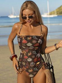 Swim Vcay 女士夏季海星随机印花抹胸侧抽绳连体泳衣，适合海滩和度假 - 彩色 - 查看 8