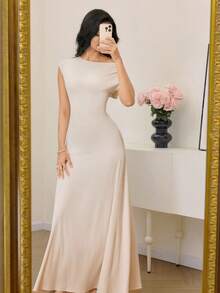 Modelyn Women's Elegant Solid Color Asymmetric Collar Dress, Summer Elegant Dress Women Women's Elegant Dress Photoshoot Dress Women Champagne Women Dress Luxury Dress For Women - Beige - View 4