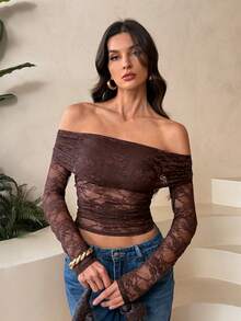 SHEIN Tall 性感透视蕾丝拼接露肩长袖T恤，浪漫情人节约会必备；女士性感褶皱透视常规袖露肩修身咖啡棕色纯色女式上衣；春秋季休闲日常穿着 - 咖啡棕 - 查看 8