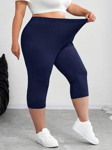 SHEIN CURVE+ 加大码女士黑色运动套装，紧身高弹七分裤，夏季/乡村/海滩度假装/沙滩装/沙滩服饰 - 藏蓝色 - 查看 4