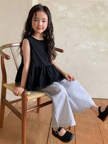 DAZY 2件套少女圆领蕾丝拼接无袖韩版上衣和宽松休闲阔腿裤套装 - 黑色 - 查看 3