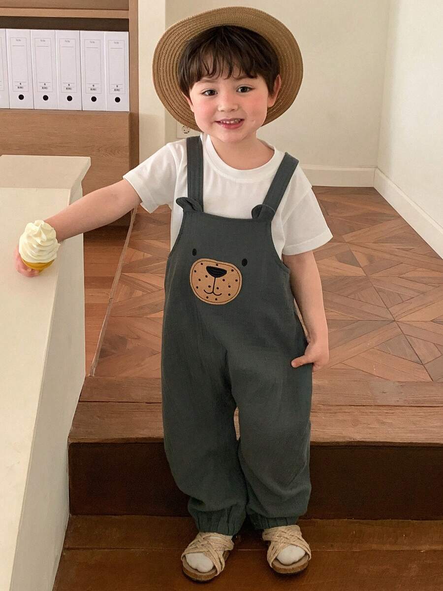 DAZY Baby Boy Cartoon Bear Applique Casual Bib Overalls
