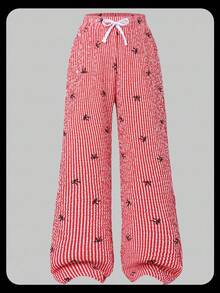 女孩粉色条纹蝴蝶结印花泡泡纹理腰带白色撞色系带宽松裤 - 紅色 - 查看 3