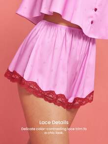 LUVLETTE Women Sexy Silky Satin Luxurious Lace Trim Pink V-Neck Camisole Top & Shorts Airy Loungewear Pajama Set Lingerie Valentine's Day Gifts