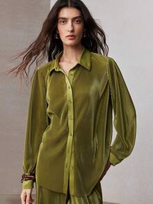 ZEYLAH 2pcs Set Minimalist Loose Shirt And Pleated Pants, Spring - Olive Green - View 6