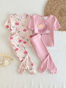 4pcs Baby Girls' Minimalist Cute Pink & Beige Star, Moon, Cloud Print Elastic Rib Knit Crew Neck Short Sleeve Top And Pants Snug Fit Pajama Set - Pink - View 9