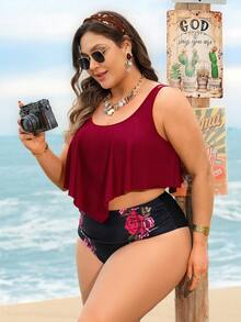 Swim Lushoire Plus Size Tankini Bikini Set Cerise Pink,Summer,Boho,Vacation,Holiday High Waisted Two Pieces Swimwear Printed Red Contrast Black Beachwear - Burgundy - View 5