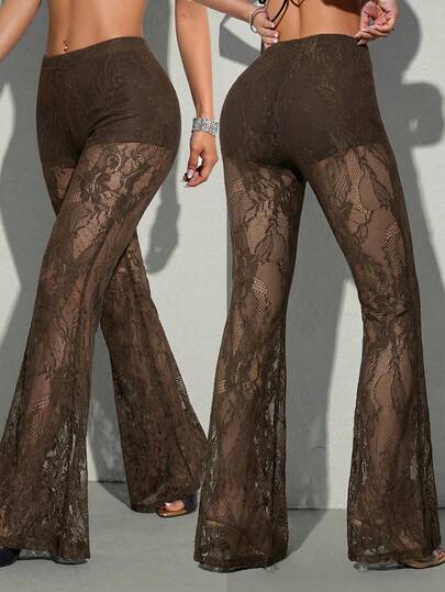 SHEIN ICON Quần ống loe cạp thấp ren dành cho nữ, phong cách Y2K gợi cảm, thanh lịch và thời trang.