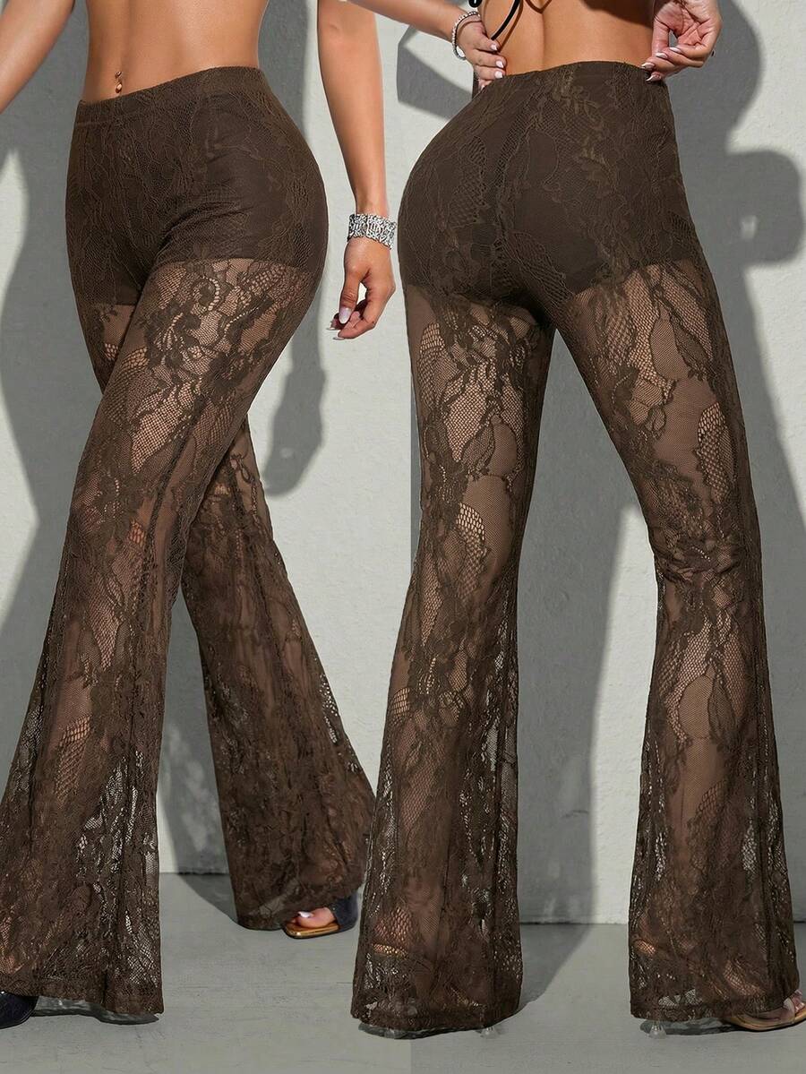 SHEIN ICON Quần ống loe cạp thấp ren dành cho nữ, phong cách Y2K gợi cảm, thanh lịch và thời trang. - màu nâu - Xem 1