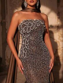 Aureia 女士优雅奢华珍珠亮片美人鱼尾设计吊带长裙，适合婚礼、派对、度假、晚宴、正式晚装（重工装饰） - 咖啡棕 - 查看 3