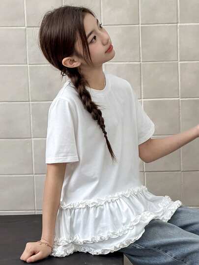 DAZY Tween Girls' Solid Color Minimalist Casual Round Neck Short Sleeve T-Shirt