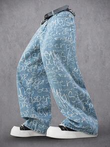 Manfinity Denimwave Quần jeans nam ống rộng dáng suông màu xanh nhạt in chữ, quần jeans họa tiết đường phố dành cho nam, quần nghệ thuật nam. - Rửa nhẹ - Xem 4