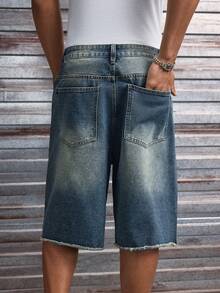 AXEPEAK 男士休闲牛仔短裤，斜插口袋，水钻装饰，毛边裤脚 - 藍色 - 查看 3