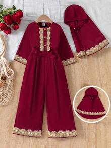 SHEIN Girls'Burgundy Middle Eastern Style Jumpsuit,Traditional Gold Embroidered Bell Sleeve Autumn Wedding Pilgrimage Celebration Outfit,Spring/Summer Wear - Multicolor - View 3