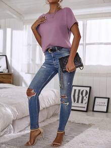 Calvaya Kaos Lengan Pendek Kasual Serbaguna dengan Kerah Asimetris Warna Polos - Purple - View 4