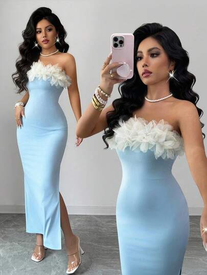 Rafferiza Rochie de damă fără bretele, tricotată, strâmtă, elastică, cu design cu crăpături în talie, rochie albastră, tridimensională, rochie cu design floral, îmbrăcăminte de toamnă și de iarnă, ținute de exterior, rochie de nuntă pentru femei, rochie romantică, ținute elegante pentru femei, la modă și elegante, potrivită pentru purtare zilnică, nunți, banchete, naveta zilnică, petreceri de absolvire, evenimente festive, vacanță.