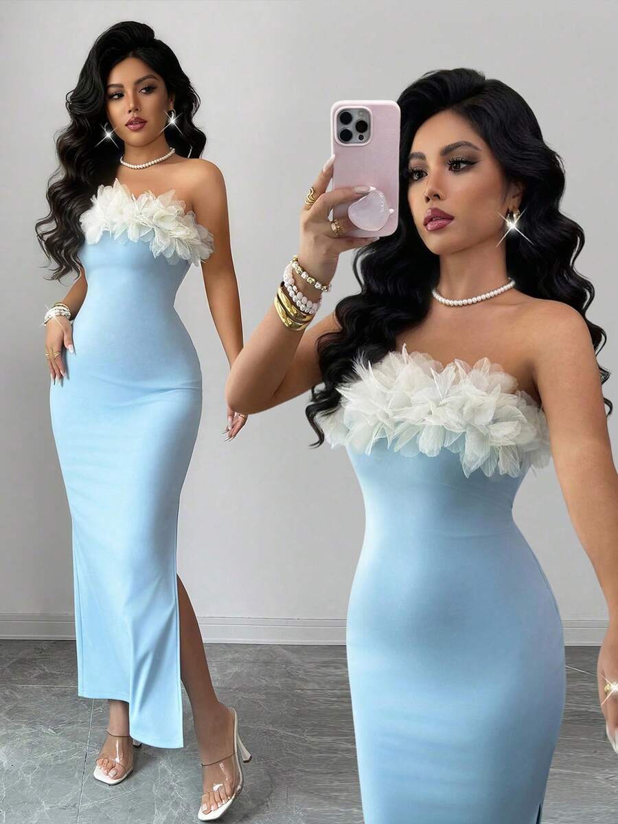 Rafferiza Đầm ôm sát bó sát không dây dệt kim co giãn cho nữ, Đầm thiết kế xẻ tà eo, Đầm xanh, Ba chiều, Đầm thiết kế hoa, Trang phục mùa thu đông, Trang phục ngoài trời, Đầm cưới nữ, Đầm lãng mạn, Trang phục sang trọng cho nữ, Thời trang và thanh lịch, Phù hợp để mặc hàng ngày, Đám cưới, Tiệc chiêu đãi, Đi làm hàng ngày, Tiệc tốt nghiệp, Sự kiện lễ hội, Kỳ nghỉ