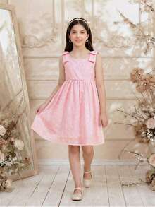 Glamorique Kids 优雅韩式甜美可爱3D蝴蝶结吊带无袖A字休闲时尚连衣裙，公主裙，适合节日派对、生日礼物、情人节、度假、日常穿着 - 粉色 - 查看 3
