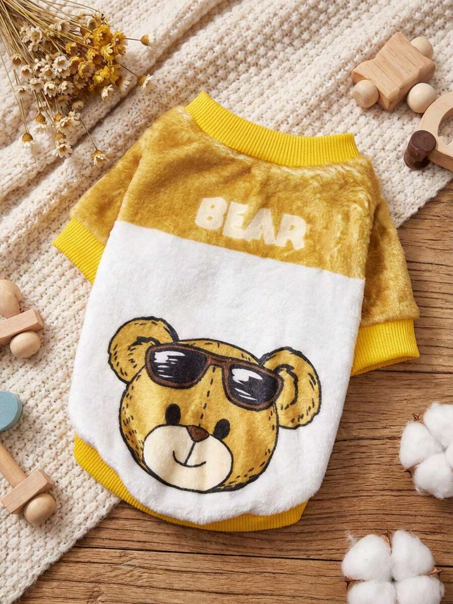 PETSIN 1 Cool Printed Brown Bear Flannel Sweatshirt, Thick And Warm For Pets In Autumn And Winter, Yellow White