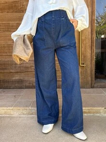 SHEIN Pregnant Women's Casual Everyday Loose Fit Pocket Denim Wide Leg Pants Spring To Summer Valentine's Day Carnival Costume Commuting Vacation Graduation Chic Y2k Cute Streetwear Party Wedding Elegant Business Casual Woman Women Wide Leg Jeans Pull On Elastic Waist Denim Pants With Pockets - Blue - View 5