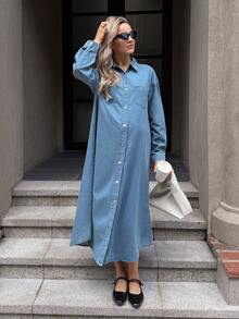 SHEIN 孕妇休闲水洗前扣牛仔连衣裙 情人节度假穿搭 女装 嘉年华 夏季春季 通勤 毕业季 时尚 Y2K 可爱 街头风 派对 婚礼 优雅 商务休闲 女装 - 藍色 - 查看 6