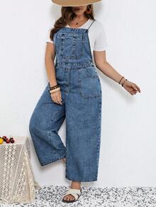 SHEIN CURVE+ 大码纯色休闲连体裤，春夏嘉年华服装，通勤度假毕业时尚Y2K可爱街头风派对婚礼优雅商务休闲女装，大码牛仔背带裤，休闲宽松阔腿连体裤，可调节肩带带口袋，浅蓝色 - 藍色 - 查看 8