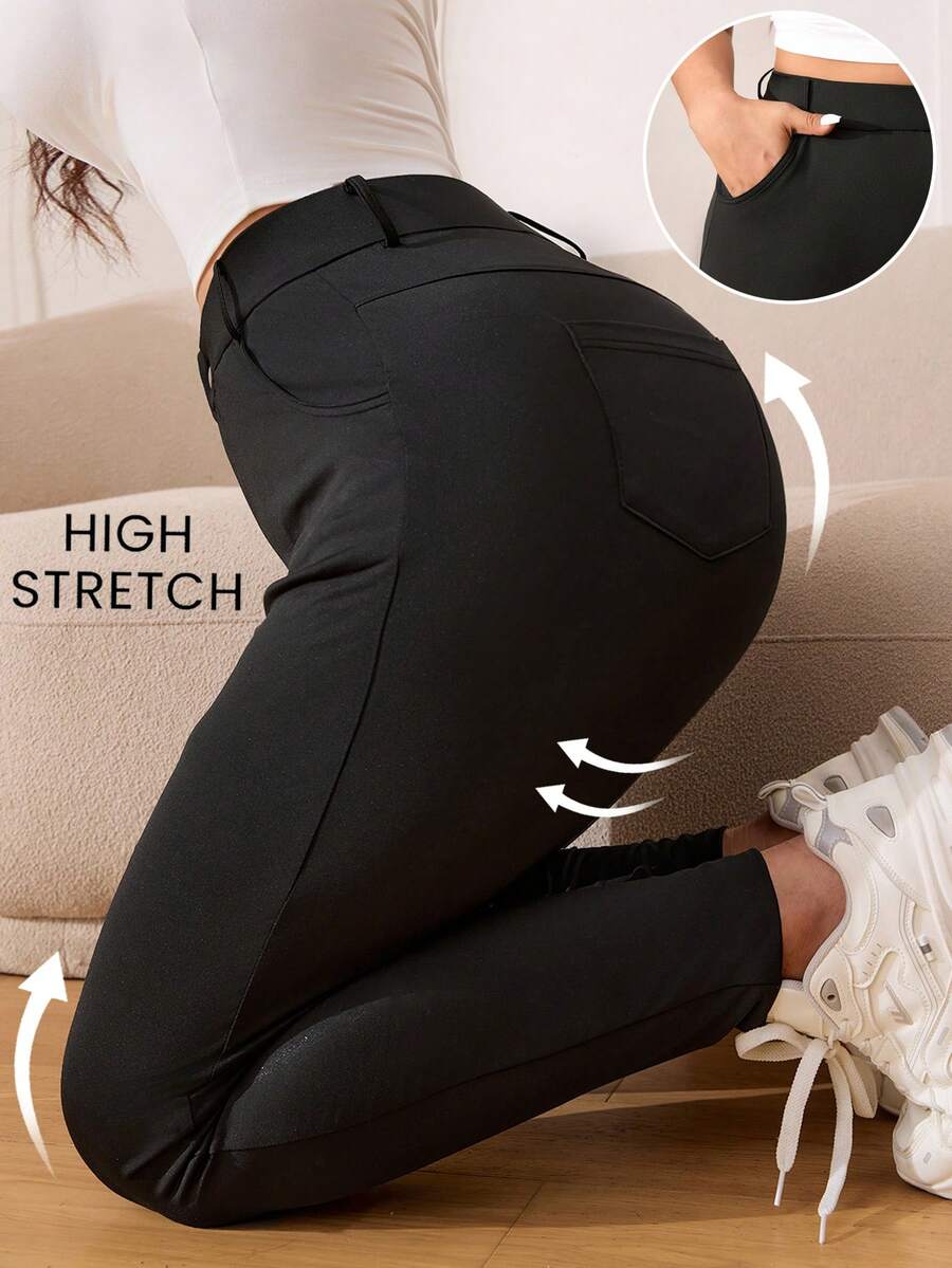 Solflare Plus Size Women's Elegant Slim Fit Long Pants, Spring/Summer - Black - View 1