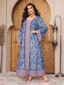 Al Najma Plus Size Women's Contrast Color Paisley Print Flare Sleeve Loose Bohemian Style Dress, Spring/Autumn - Multicolor - View 6