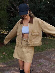 Livesso Women's Casual Denim Patchwork Collared Top And Skirt Set - Khaki - View 4