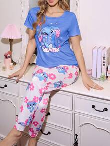SHEIN Sweet Ditsy Floral Round Neck Contrast Color Women Pajama Set Cute Sleep Set - Multicolor - View 3