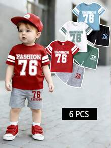 SHEIN GraphicGems 6件套 4-7岁男童运动休闲套装，数码印花撞色圆领短袖上衣+撞色短裤，轻便休闲帅气日常夏季短裤套装，红/白/蓝 - 彩色 - 查看 2