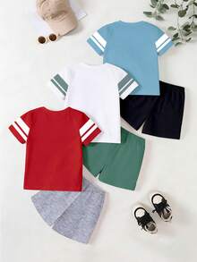 SHEIN GraphicGems 6件套 4-7岁男童运动休闲套装，数码印花撞色圆领短袖上衣+撞色短裤，轻便休闲帅气日常夏季短裤套装，红/白/蓝 - 彩色 - 查看 4