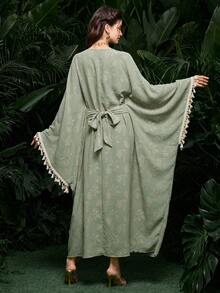 Al Najma Women's Green Woven Cutout Floral Long Sleeve Tassel Sequin Lace-Up Elegant Turkish & Arabic Traditional Long Cardigan, Spring/Summer - Green - View 2