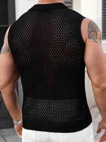 Manfinity Homme Men's Summer Fashionable Casual Hollow-Out Knit Vest Men Polo Shirts Knit Shirt Men Men Golf Shirt Men S Clothing Online Summer Wear For Men Men Mesh Top Fishnet Shirt Men Men Crochet Top Mens Muscle Shirt Mesh Men Top - Black - View 2