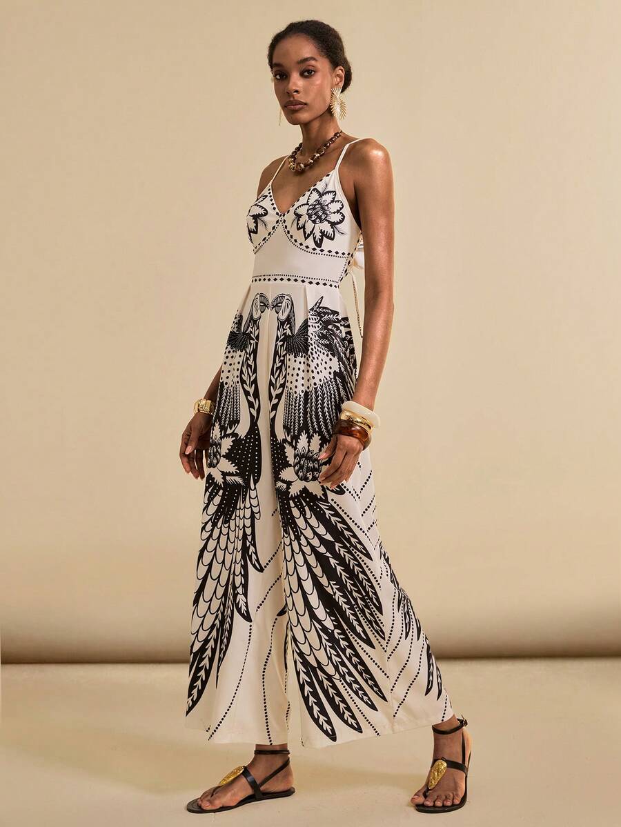 SHEIN Veneréa 女士夏季沙滩V领无袖吊带露背蝴蝶结波西米亚风印花连体裤，搭配阔腿裤 - 彩色 - 查看 1