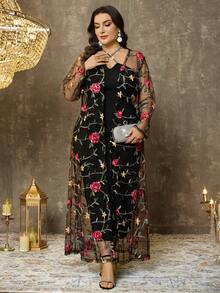 EMERY ROSE Femmes grande taille Veste élégante vintage romantique en mousseline de soie brodée Jalabiya Ramadan à manches longues fine, printemps/été - Noir - Voir 7