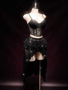 SHEIN ICON 女士水钻婚礼生日派对度假情人节黑色闪亮低腰不对称多层荷叶边下摆派对亮片性感半身裙 - 黑色 - 查看 8